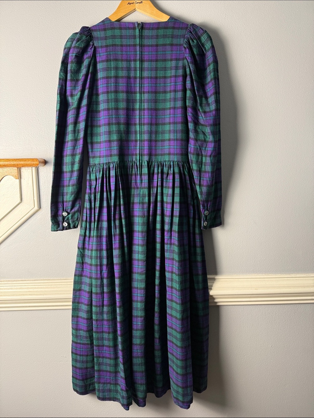 Vintage Laura Ashley Green & Purple Plaid Long-Sleeve Maxi Dress. Early 80s - Picture 7 of 10